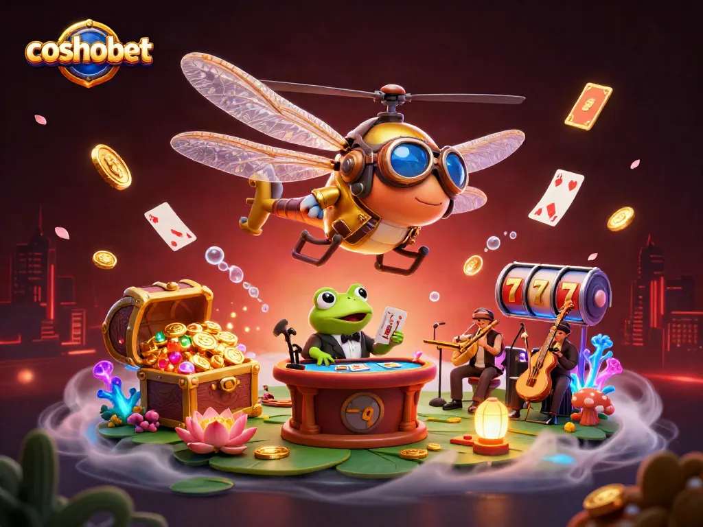 Engage with cosmobet casino excitement in this vibrant 3D illustration featuring a dragonfly pilot, frog dealer, and jazz musicians.