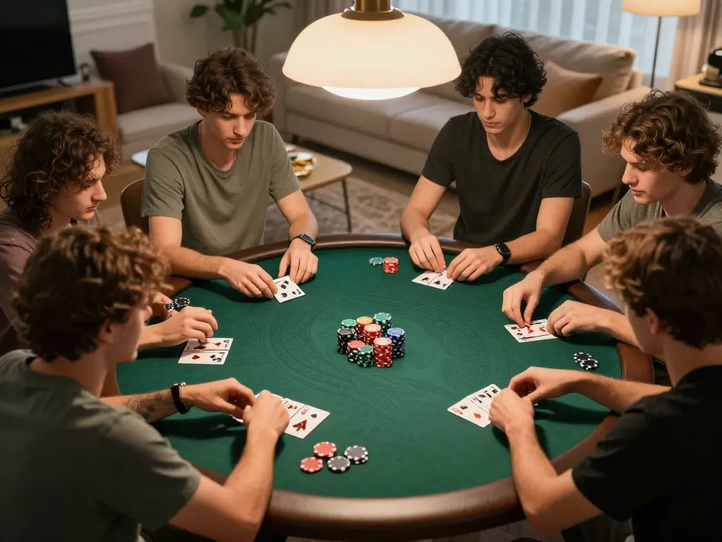 Friends play poker enthusiastically at home, showcasing a relaxing atmosphere while enjoying 23win com gaming experience.