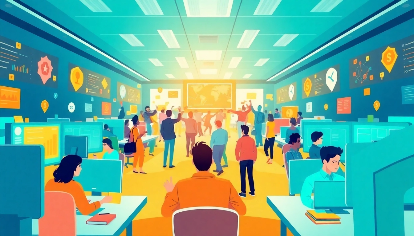 Engaged employees celebrating business gamification achievements in a vibrant office.