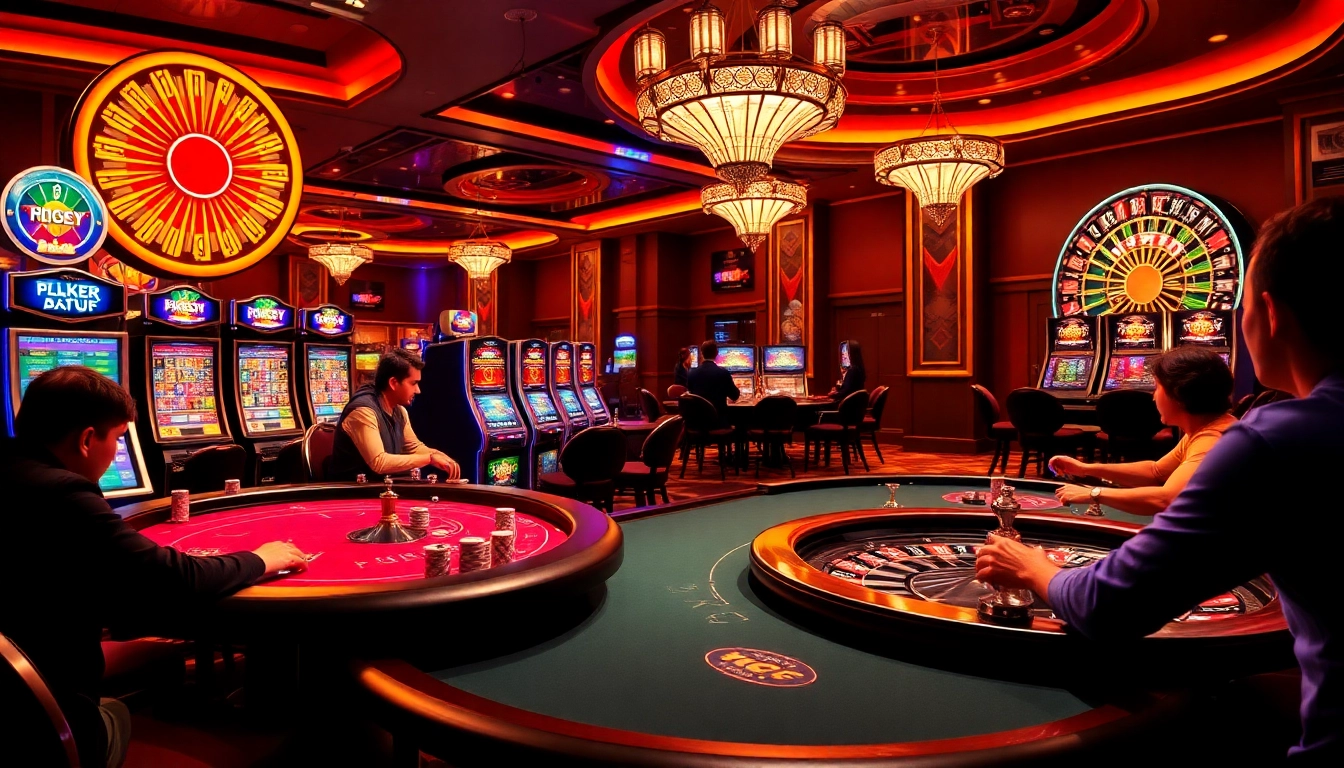 A thrilling scene of KJC AC 2 showcasing vibrant casino tables filled with players, dice, and poker chips.