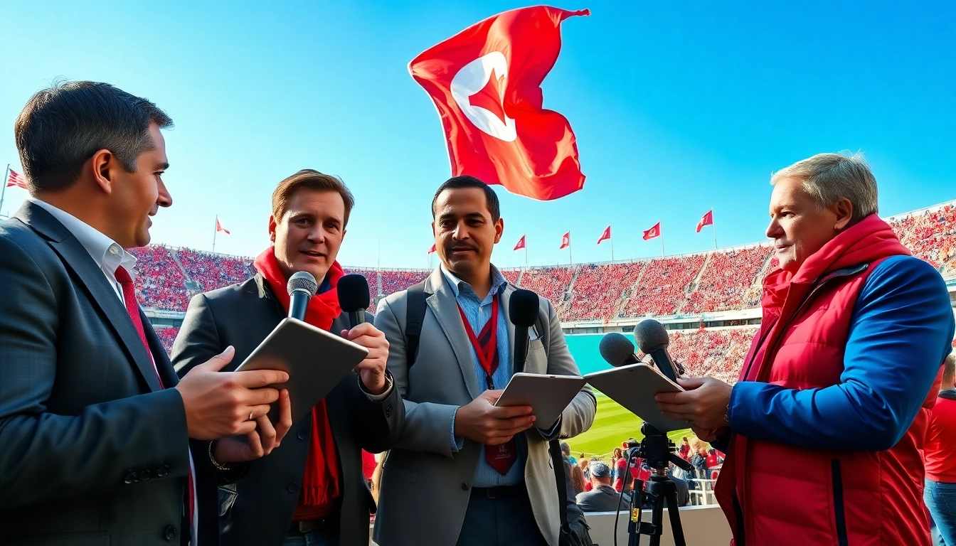 Sports news journalists capturing energetic moments during a major event.
