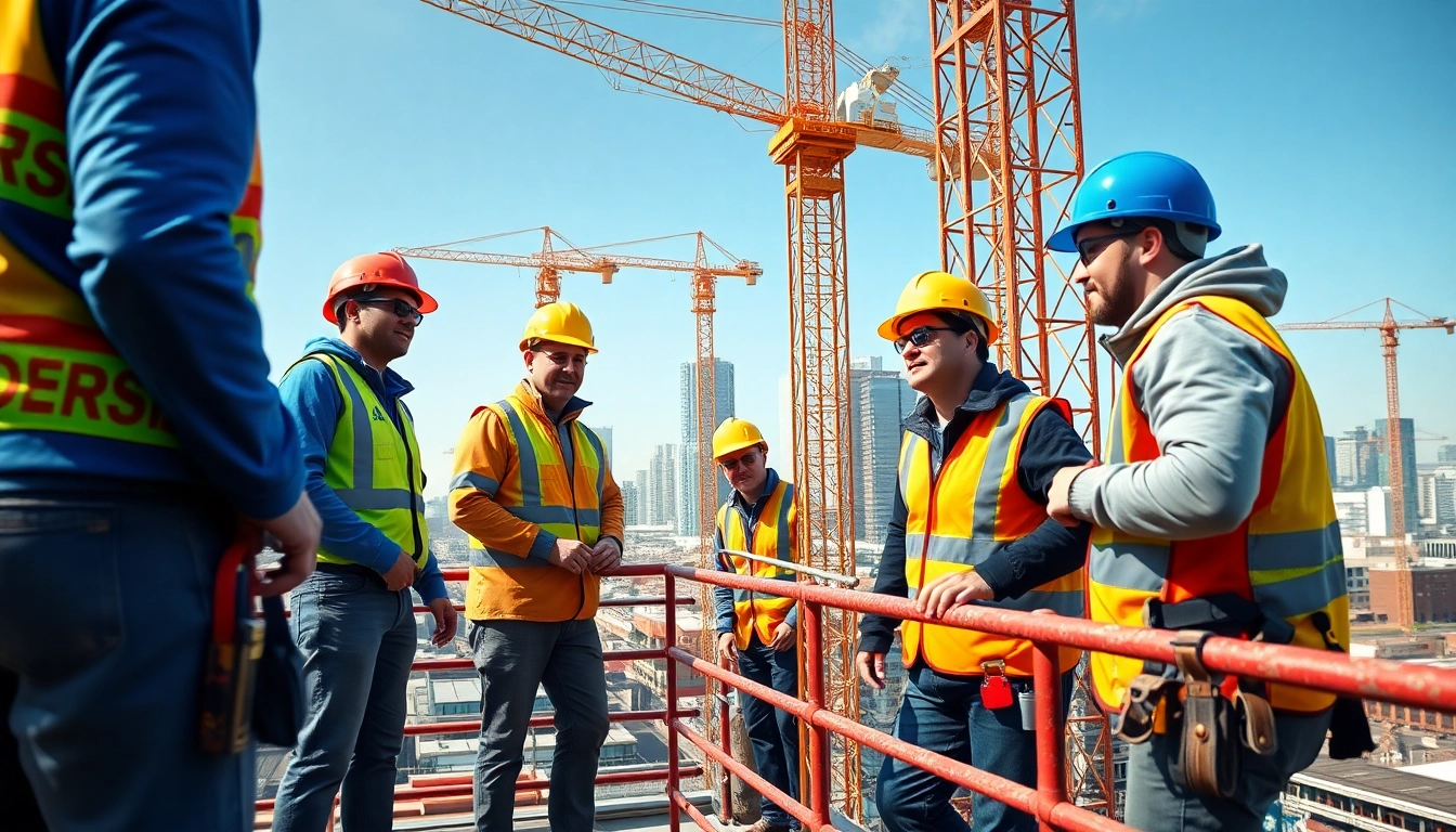 Scaffolders Manchester collaborating on a busy construction site with vibrant urban backdrop.