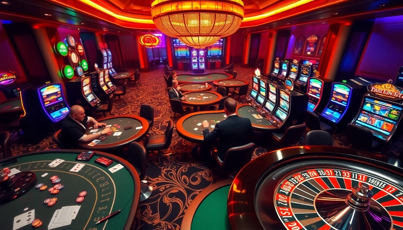 S8 casino scene with vibrant slot machines, poker chips, and a roulette wheel, capturing thrilling gambling excitement.