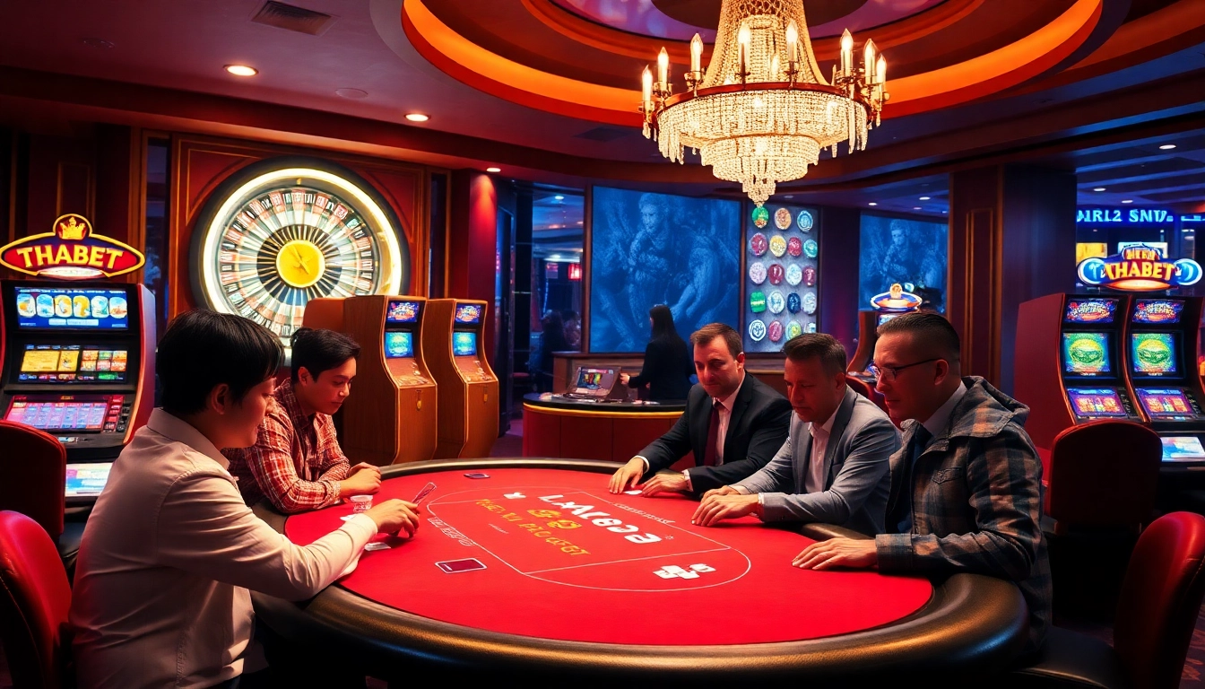 THABET players enjoy an exhilarating game at a luxurious casino table with vibrant lighting.