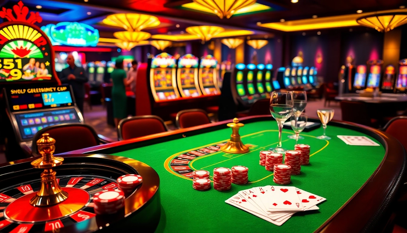 Engaging scene of 777VIP casino action with roulette wheel, poker chips, and players enjoying gambling.