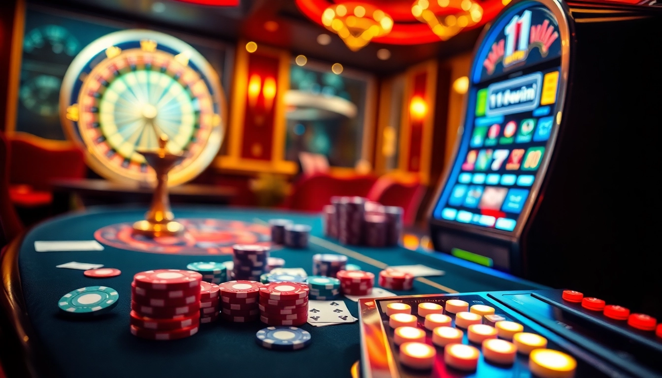 11win casino setting featuring poker games, vibrant roulette wheel, and exciting slot machines.