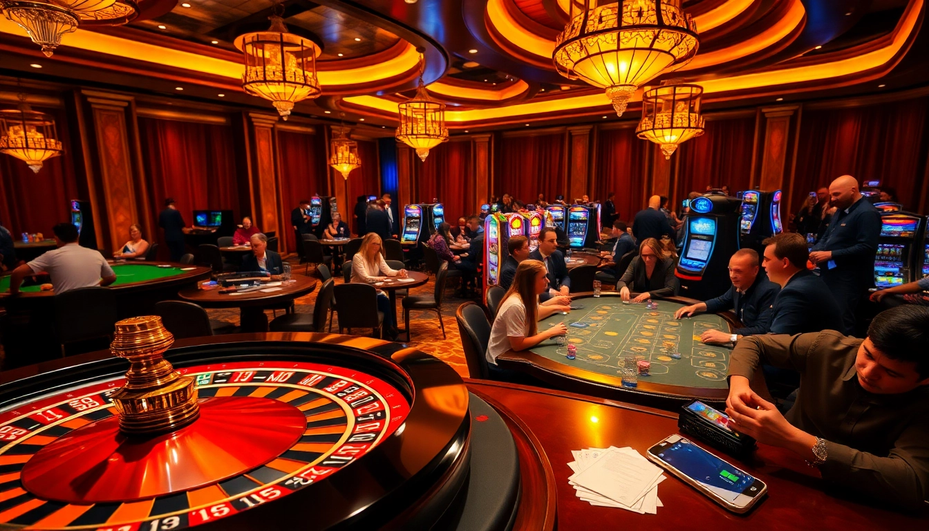 S8 mobile gambling interface displayed amidst a vibrant casino scene with roulette and poker action.