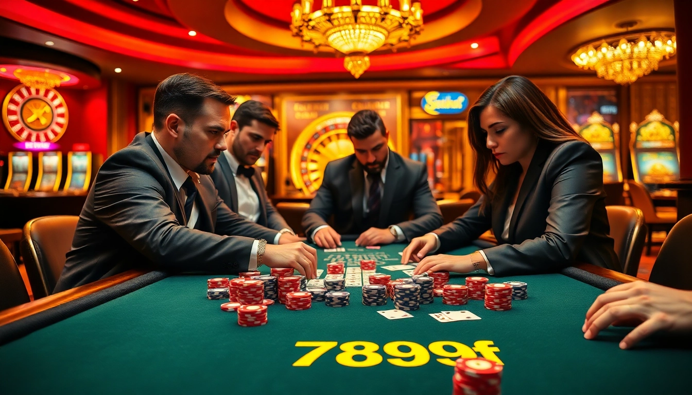 Players enjoying a high-stakes poker game at 789f casino with vibrant chips and cards.