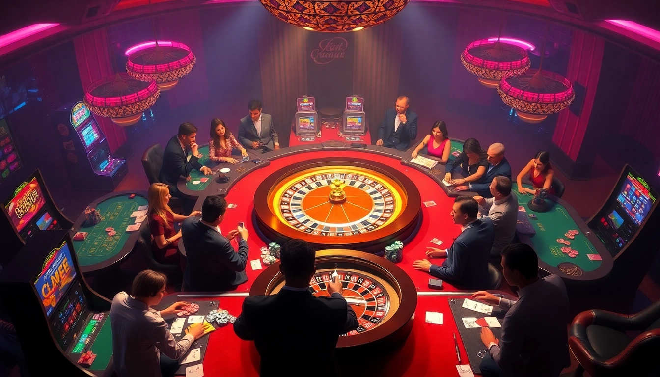Gambling excitement with fly88 deal at luxurious casino tables and roulette wheel.