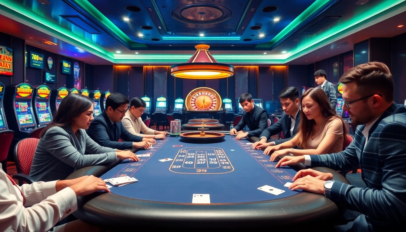 Exciting poker game at 789bet online casino, showcasing engaged players and vibrant casino elements.