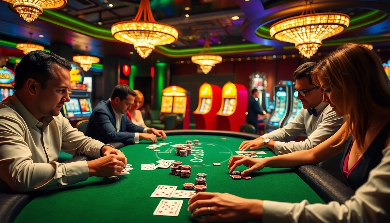 Players strategizing at a poker table in a luxurious casino setting, showcasing win55's thrilling gambling experience.