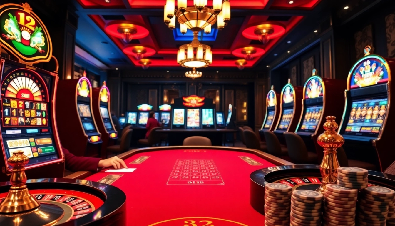 Excited players enjoy poker at 32win com casino table, surrounded by slot machines.