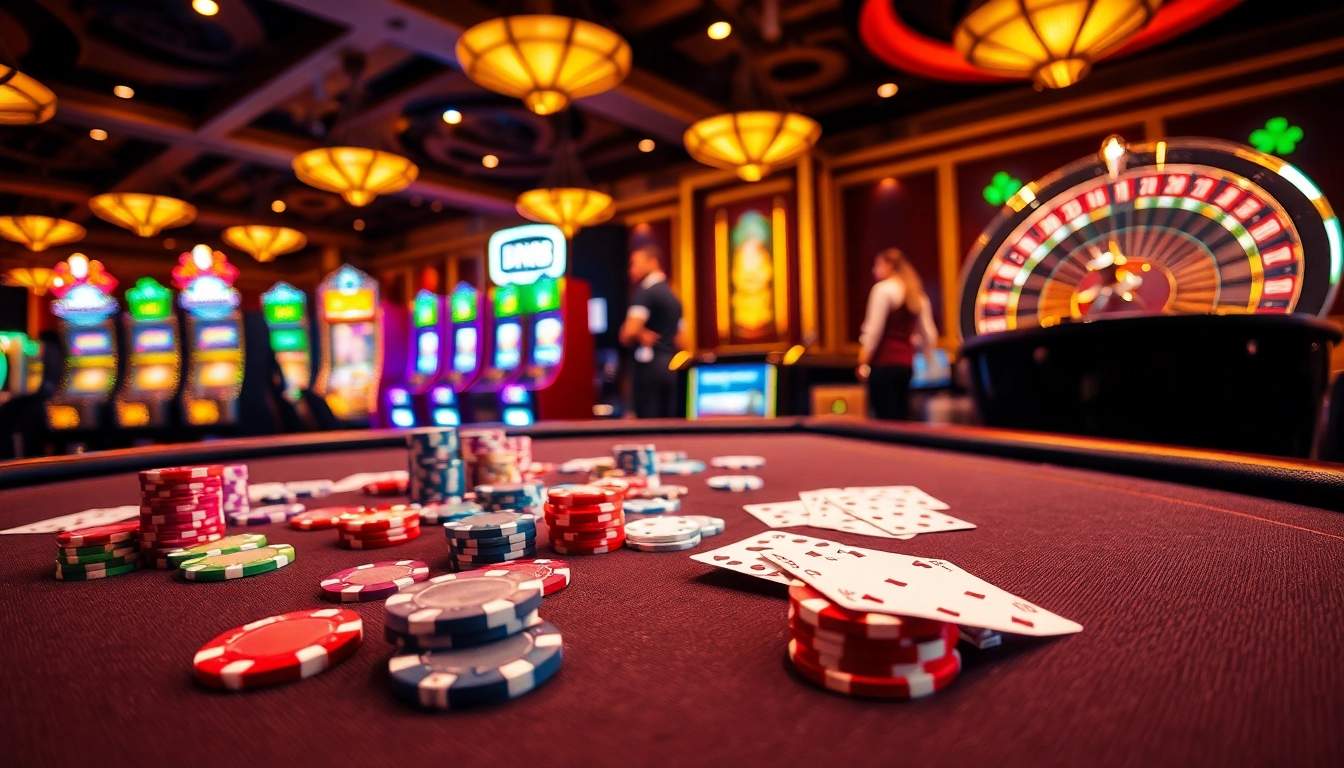 Engage in exciting casino action with DN88 showcasing vibrant poker tables and slot machines.