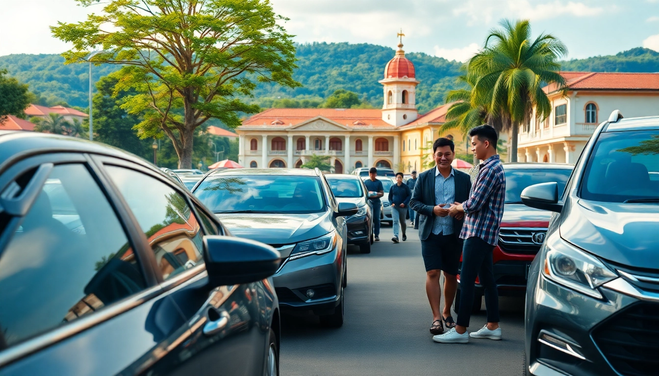 Kuching car hire showcasing diverse rental cars near scenic local attractions.