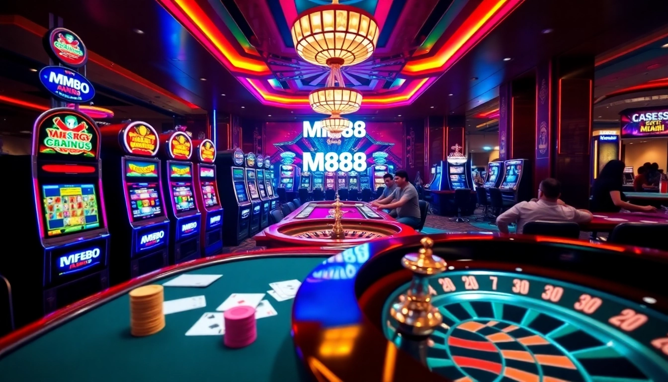 Excited players engaging in gambling activities with MM88 slot machines and poker tables.