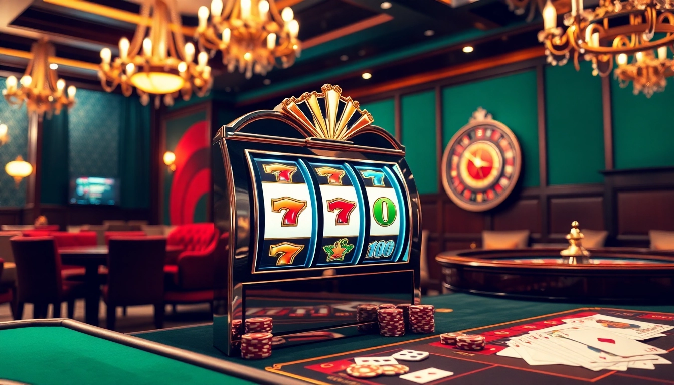Experience the thrill of Slot Online with this luxurious casino setup showcasing slot machines and poker tables.