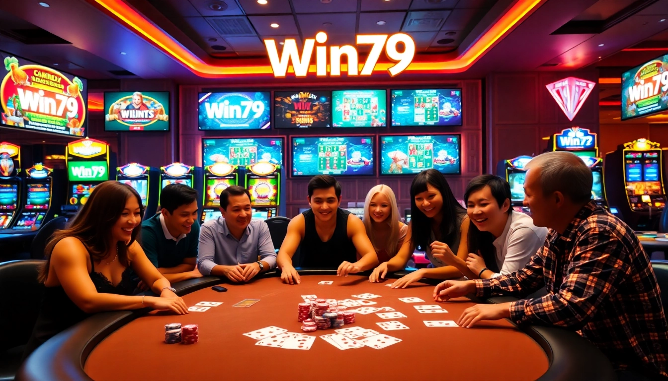 Win79 players enjoying an exhilarating online casino experience with poker chips and cards.