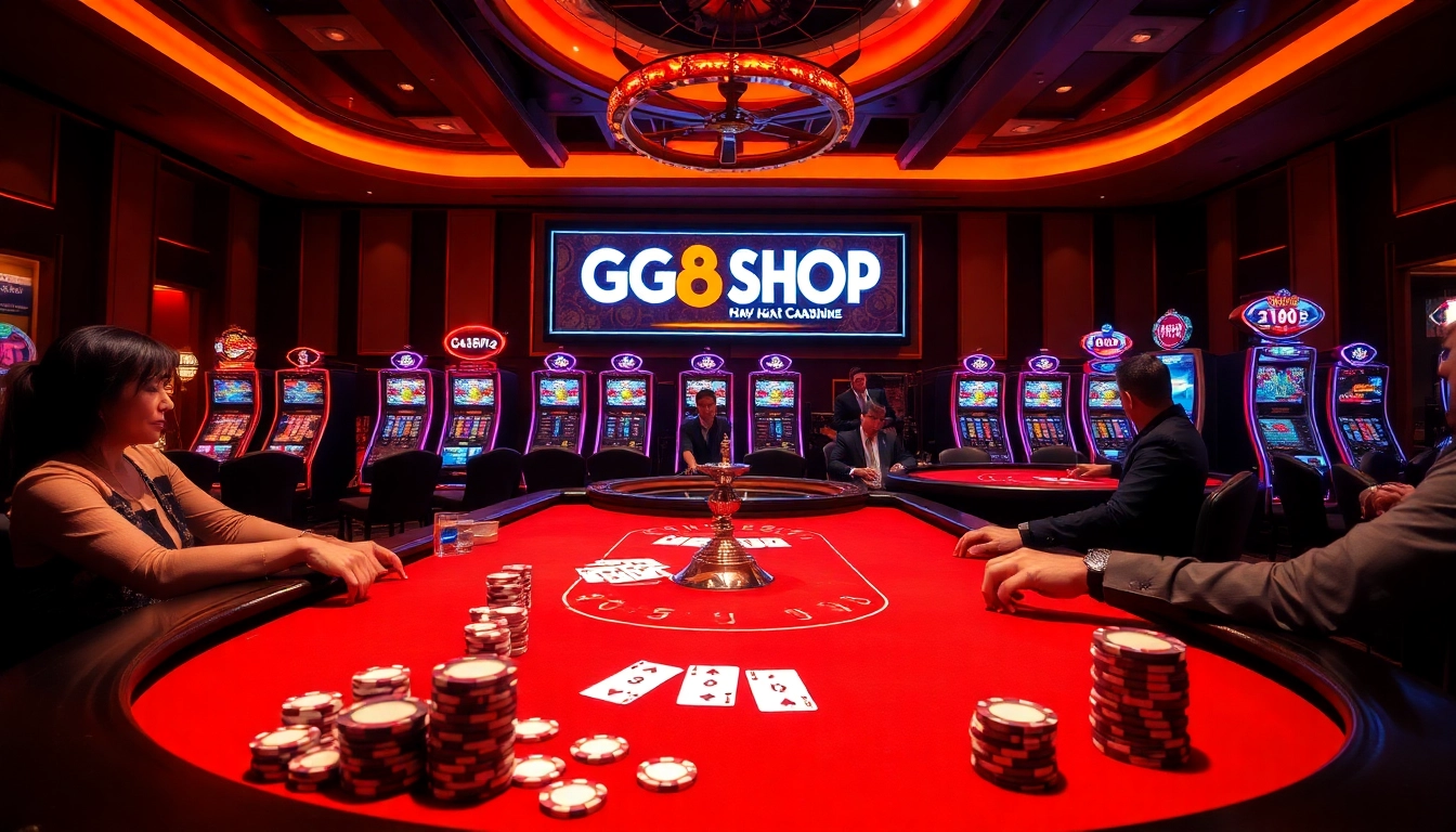 Experience the excitement of GG88.SHOP with vibrant poker play at a luxurious casino table.