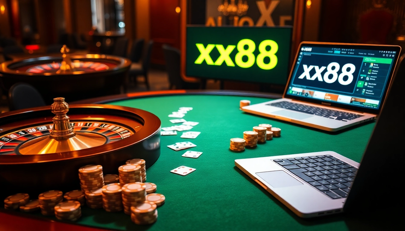Experience thrilling online gaming action with xx88 at a luxurious casino table.