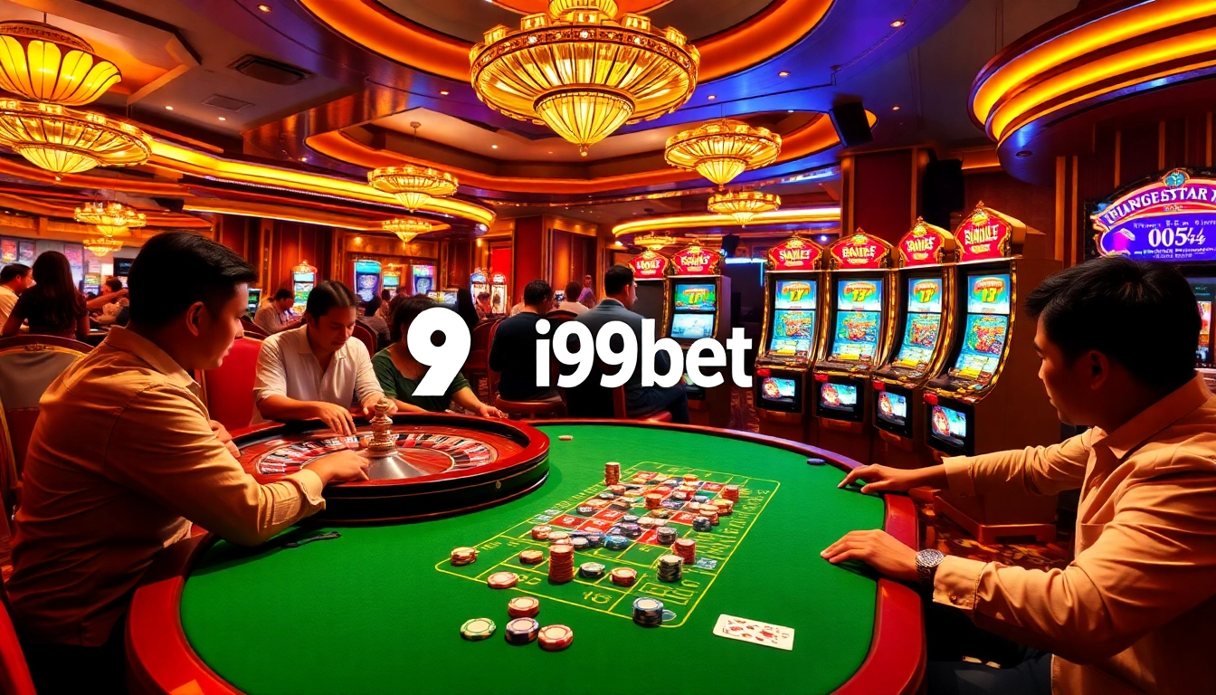 Players enjoying an exciting poker game at a luxurious casino, highlighting i9bet.
