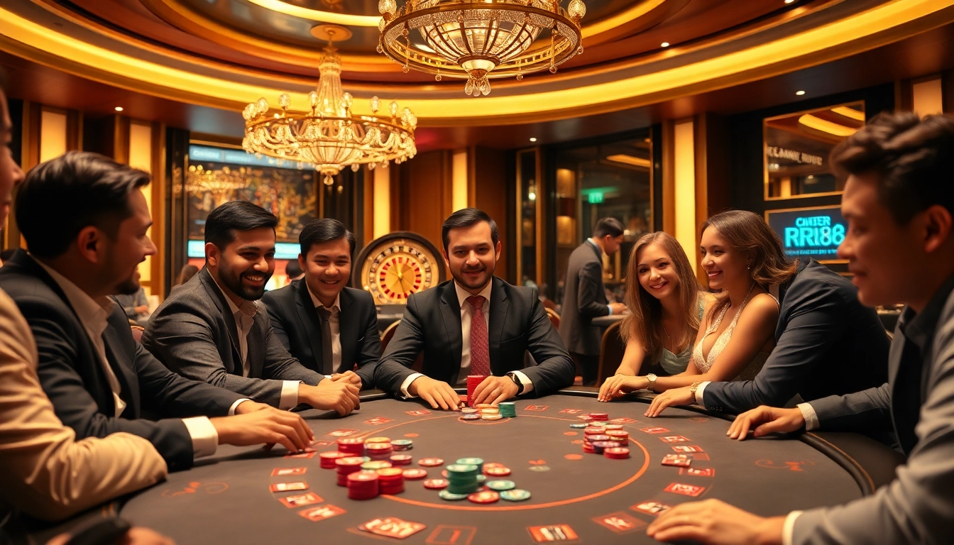 RR88 players engage in an exciting poker game at a luxurious casino table.