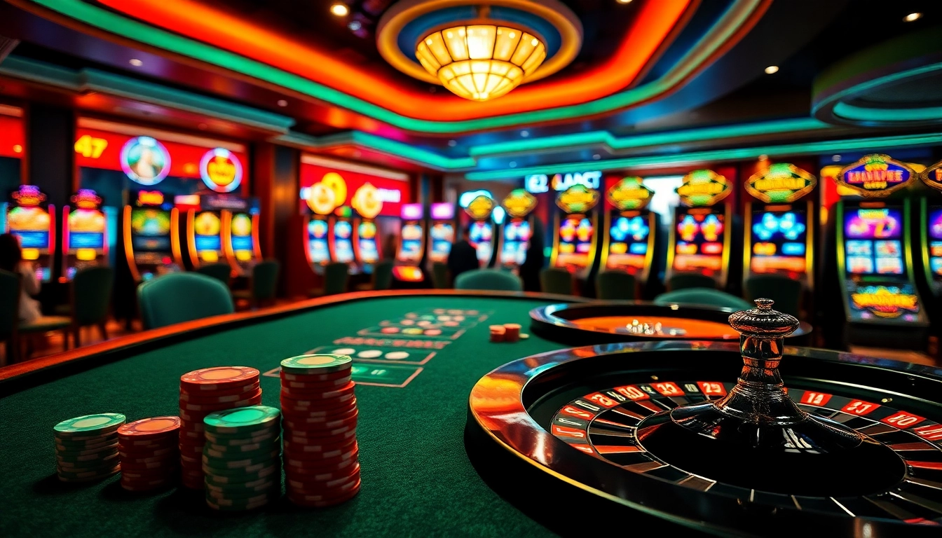 Experience the thrill of gaming at thabet with a luxurious casino ambiance featuring vibrant poker games.
