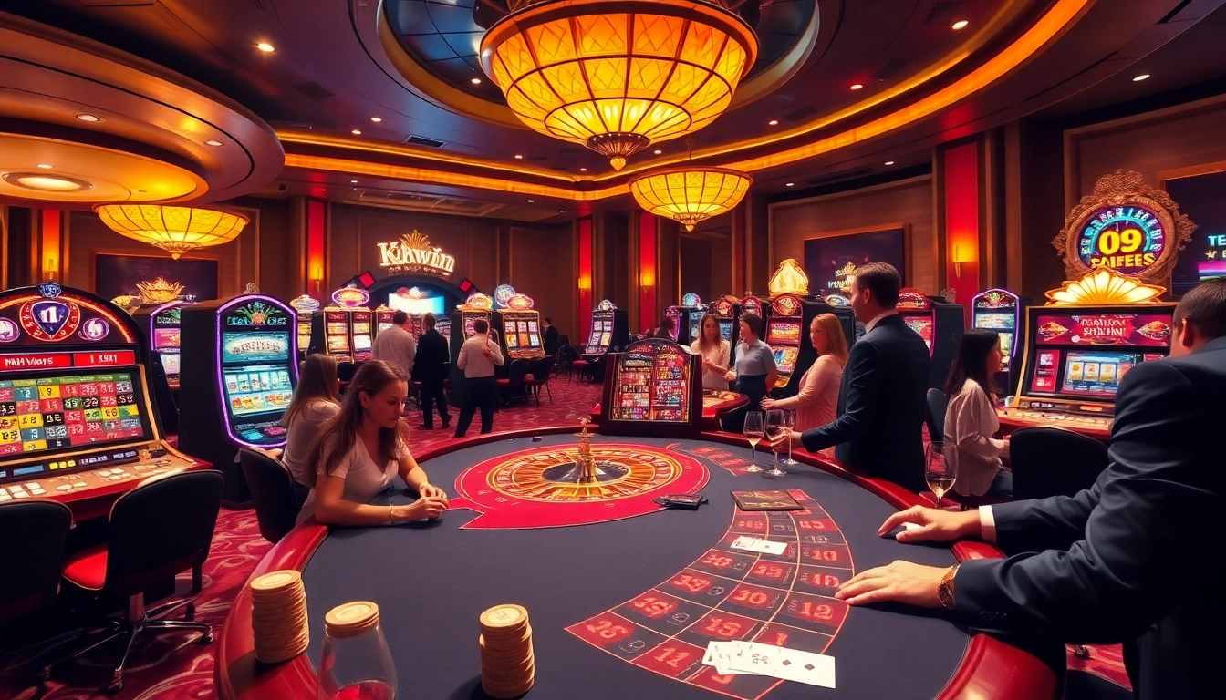 Players enjoying card games at KKWIN's luxurious casino, showcasing vibrant slot machines.
