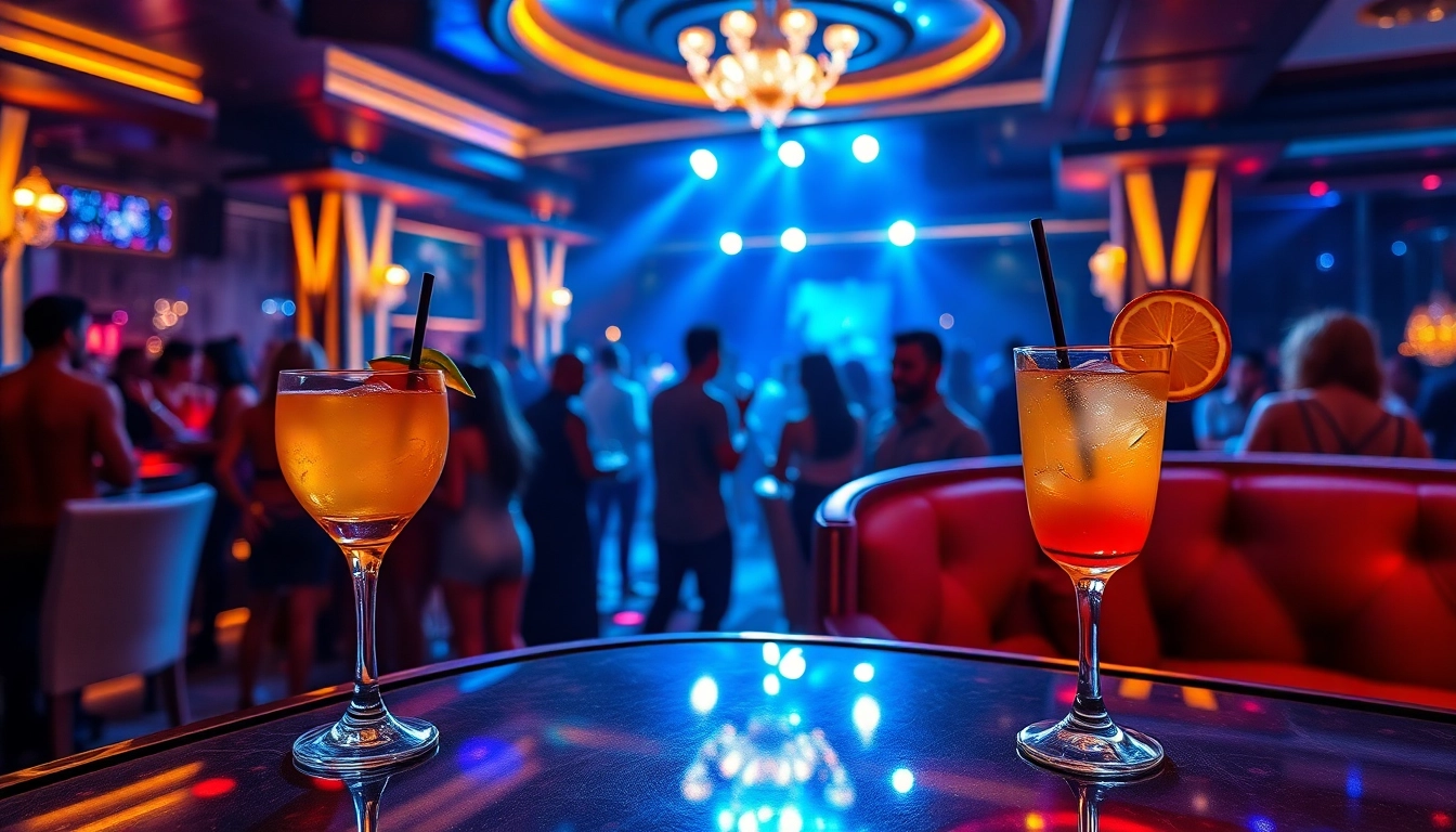 Vibrant nightlife at Club SXM, showcasing cocktails, dance floor, and luxury seating.