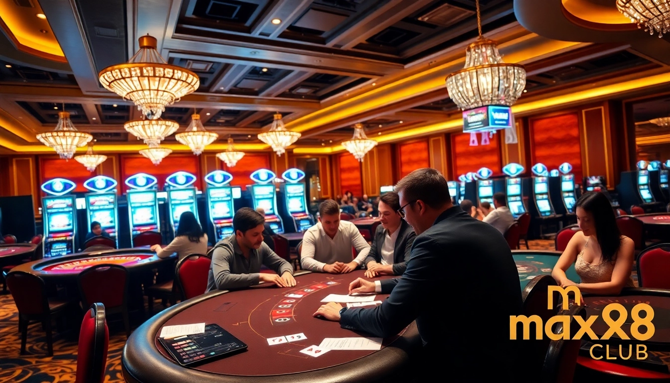 Players enjoying live games at max88 club, surrounded by vibrant slots and elegant tables.