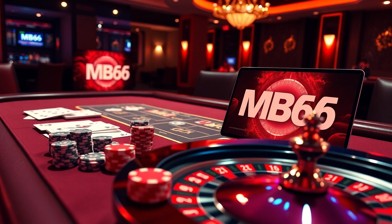 Experience an engaging gambling scene with MB66 featuring poker chips, cards, and roulette.
