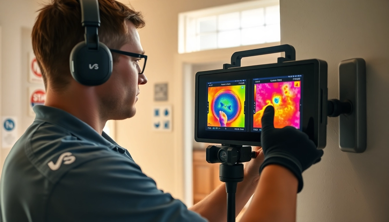 Technician performing hidden leak detection using thermal imaging technology in a home environment.