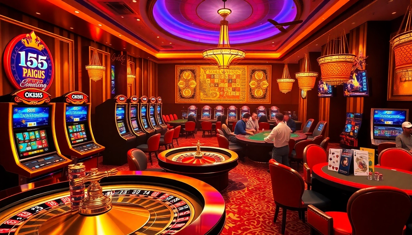 Experience the excitement of Nhà cái OK365 with vibrant casino visuals featuring slot machines and poker tables.