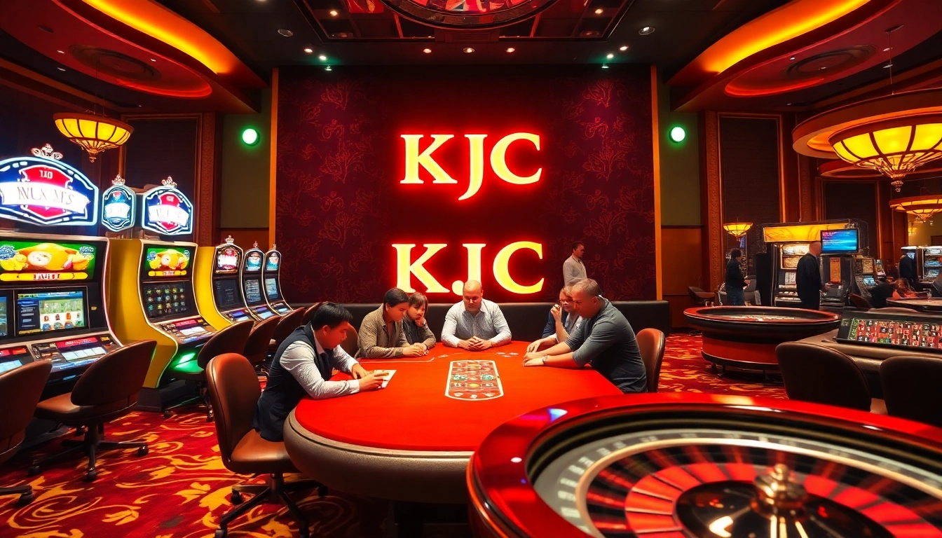 Players enjoying high-stakes games at KJC-themed casino with vibrant lights and excitement.