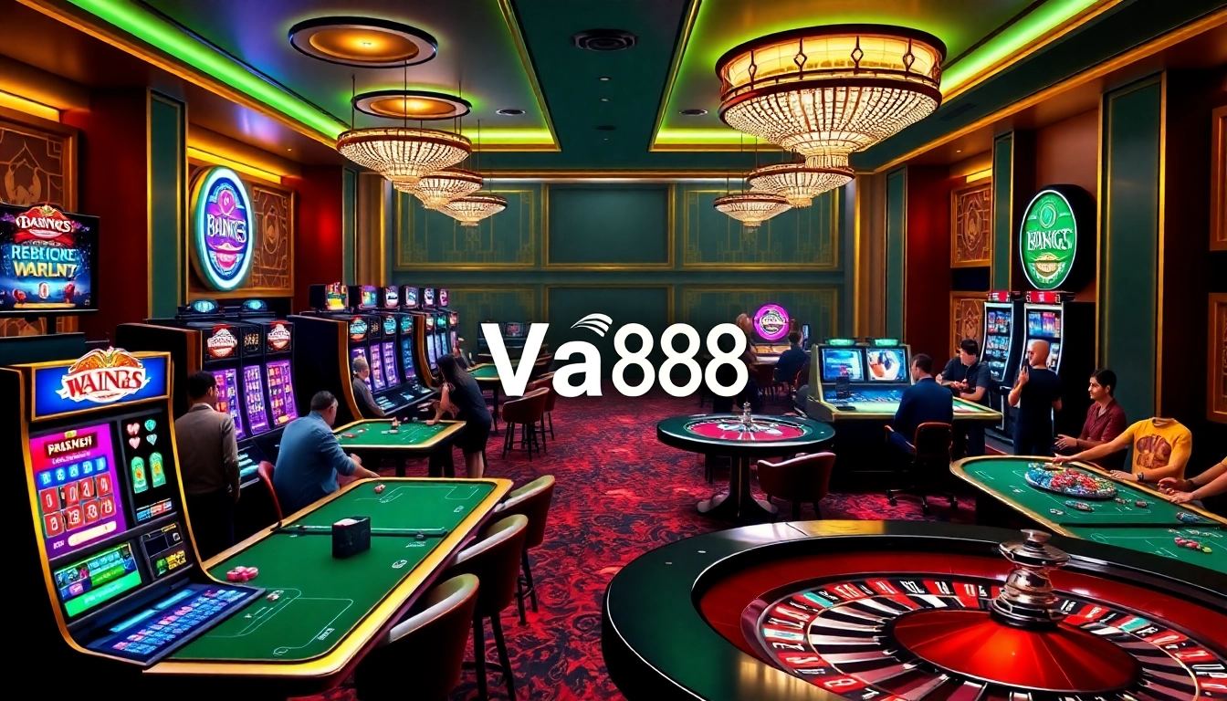 Players enjoying their time at Va88 casino, with vibrant slot machines and poker tables in the background.