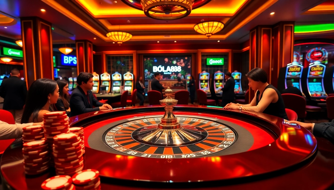 Engage with ingat bola88's thrilling casino atmosphere featuring a vibrant roulette table and enthusiastic players.