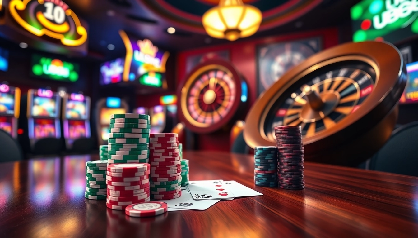 U888 poker chips and vibrant casino scene showcasing excitement in online gambling.