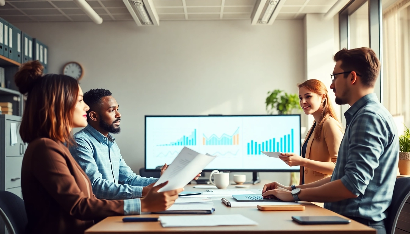 Księgowość dla firmy transportowej w nowoczesnym biurze, w którym profesjonaliści omawiają strategie finansowe.