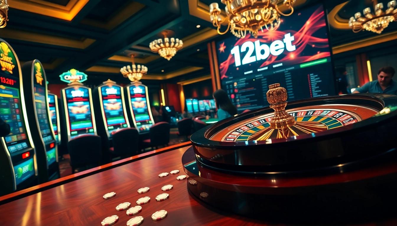 Playing slots and roulette at 12bet casino, showcasing excitement and luxury in the gaming environment.