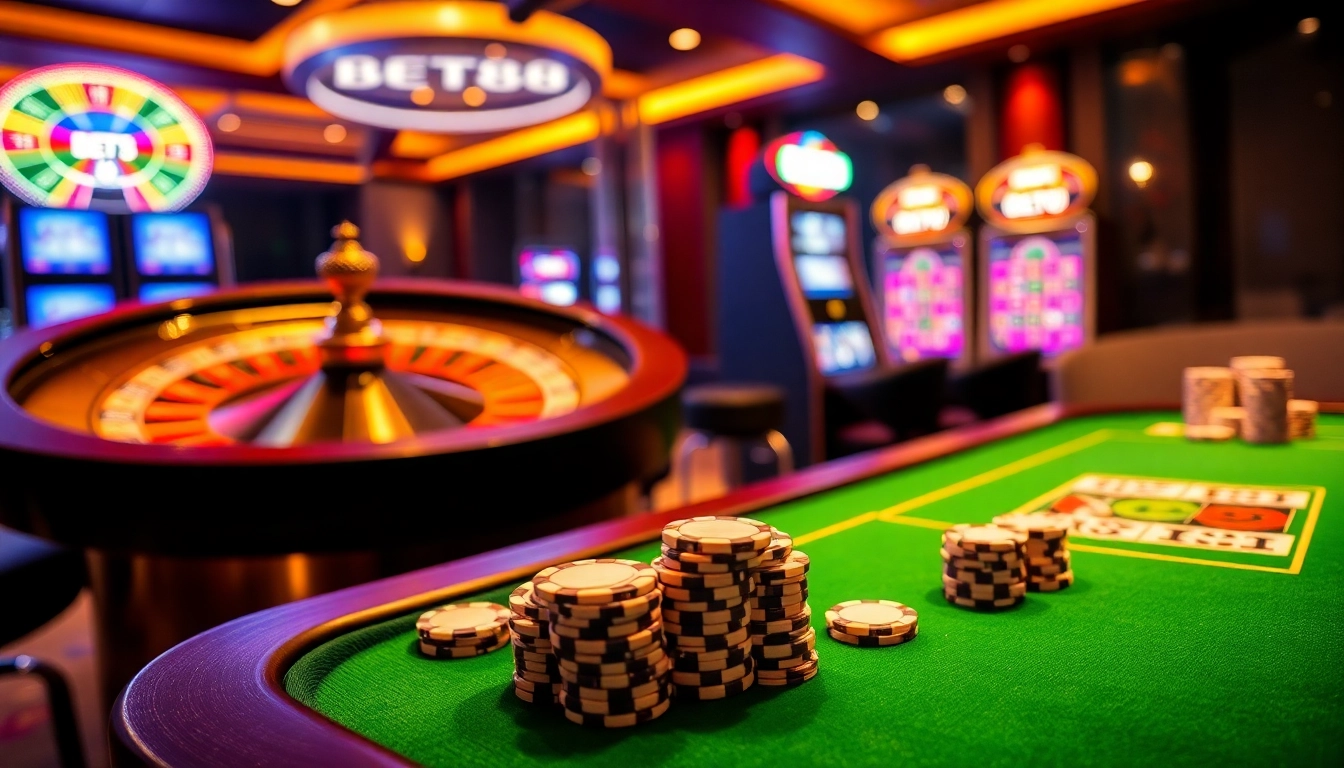 BET88 casino table with poker chips and cards captures the excitement of online gambling.