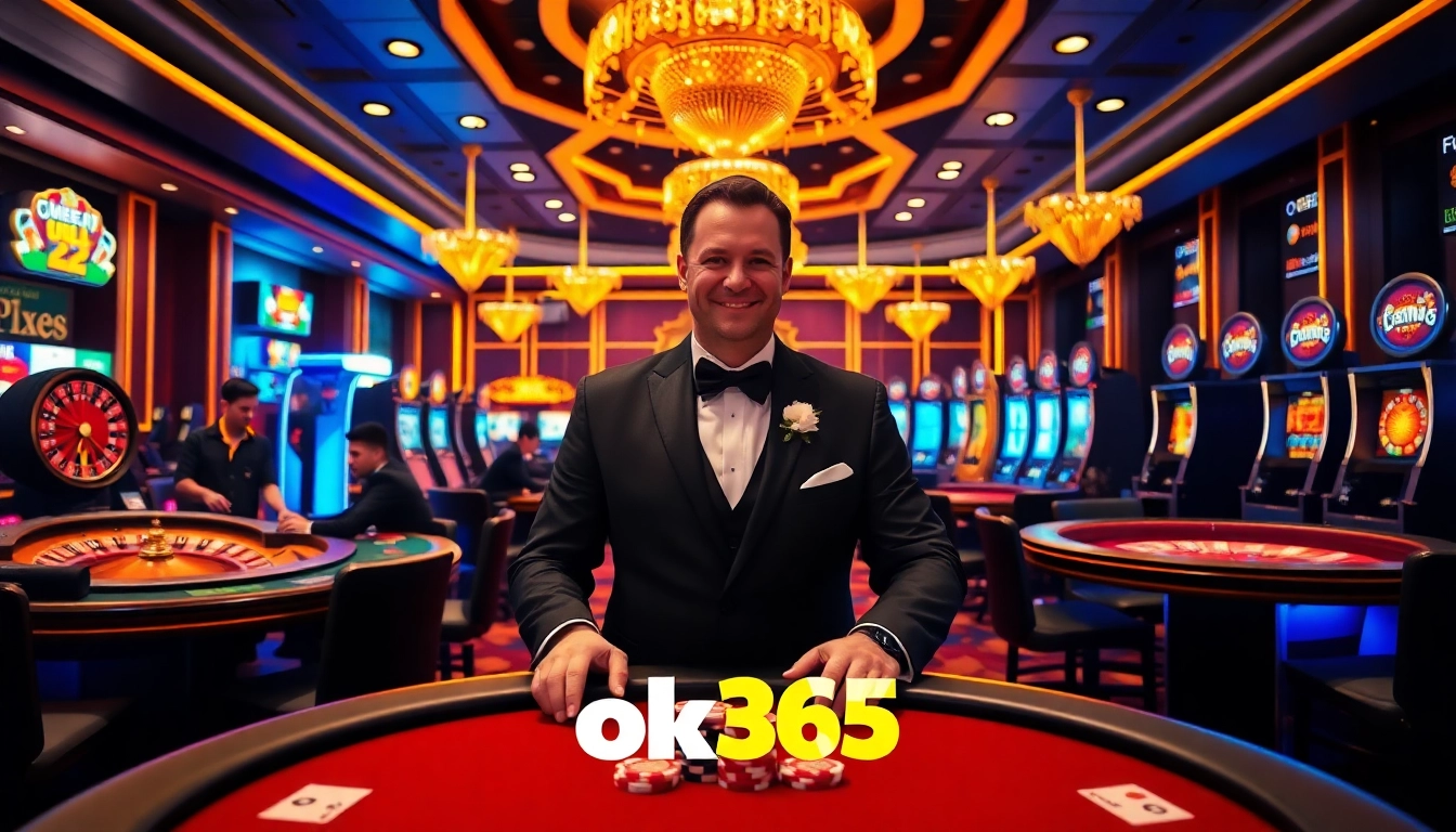 Experience high-stakes gaming at ok365's luxurious casino with vibrant tables and engaging players.