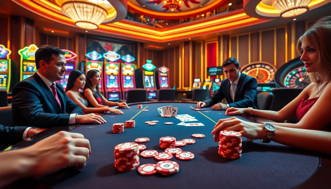 Experience the excitement at MM88 with glamorous poker players and vibrant slot machines.