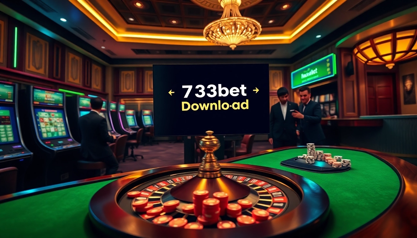 Experience the exciting 733bet Download interface surrounded by vibrant casino elements and thrilling gameplay.