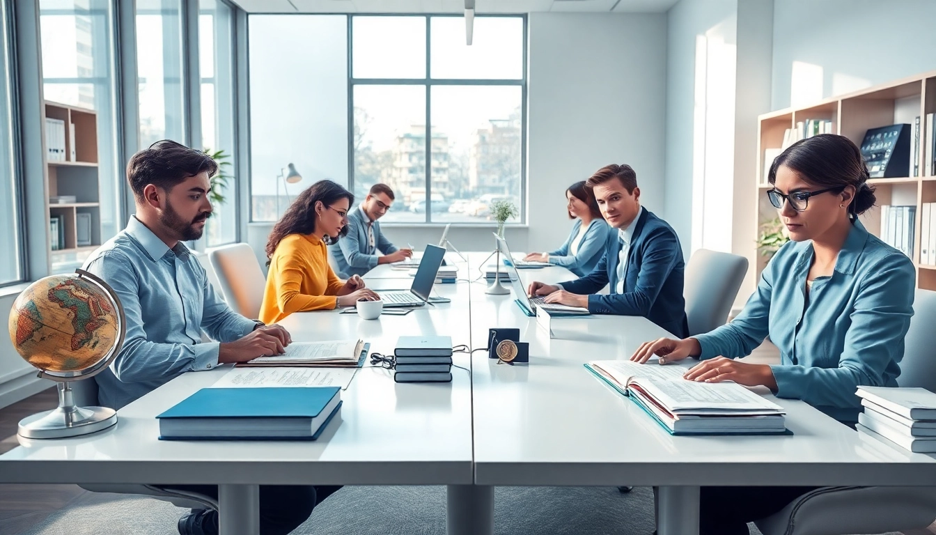 Sworn translation professionals collaborating in a modern office setting.