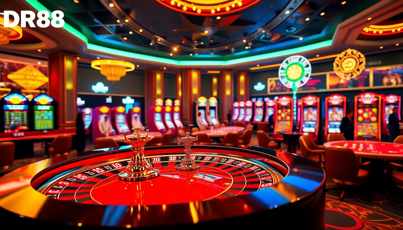 Experience winning with DR88's exciting online casino atmosphere featuring vibrant gaming elements.