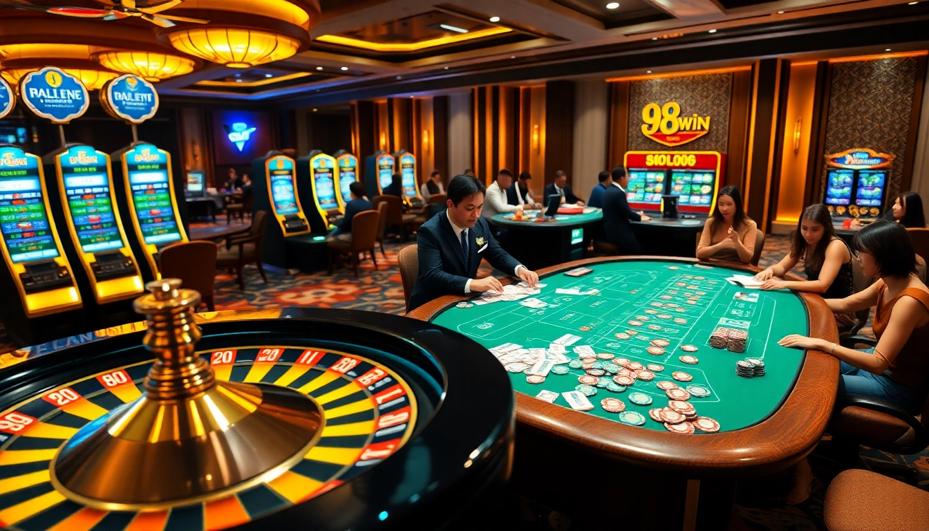 Experience the excitement of 98win casino games as players celebrate big wins at stylish poker tables.