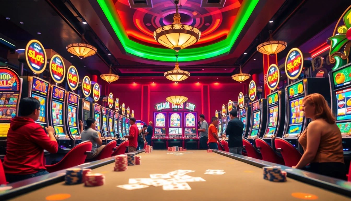 Slot Gacor Hari ini highlighted in a lively casino scene with slot machines and vibrant colors.