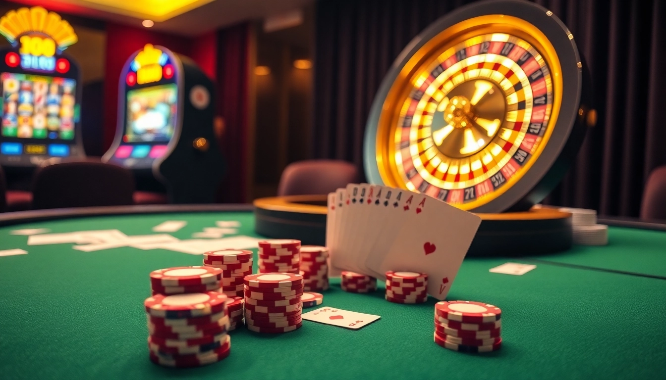 Experience the thrill of F168 with vibrant casino elements like poker chips and glowing roulette.