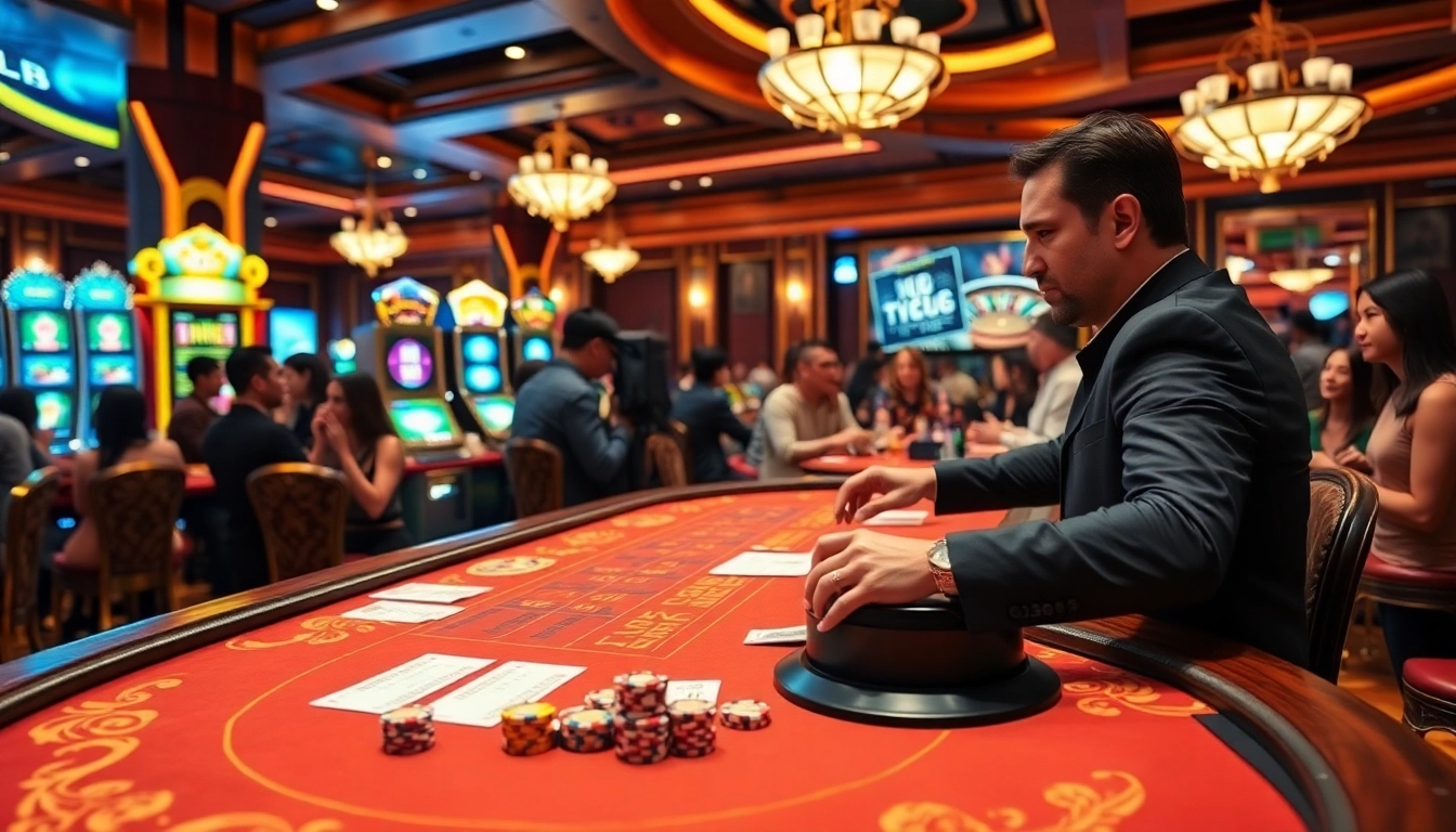 Engaging scene of Đá Gà Thomo BJ888 game at a vibrant casino, showcasing excitement and betting action.