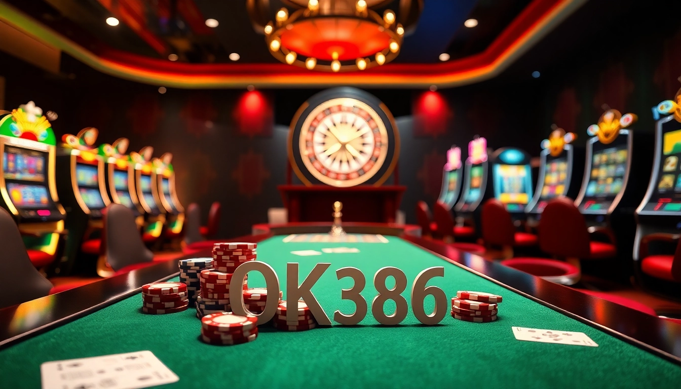 Experience the thrill of OK8386 gaming at a luxurious casino table with vibrant cards and chips.