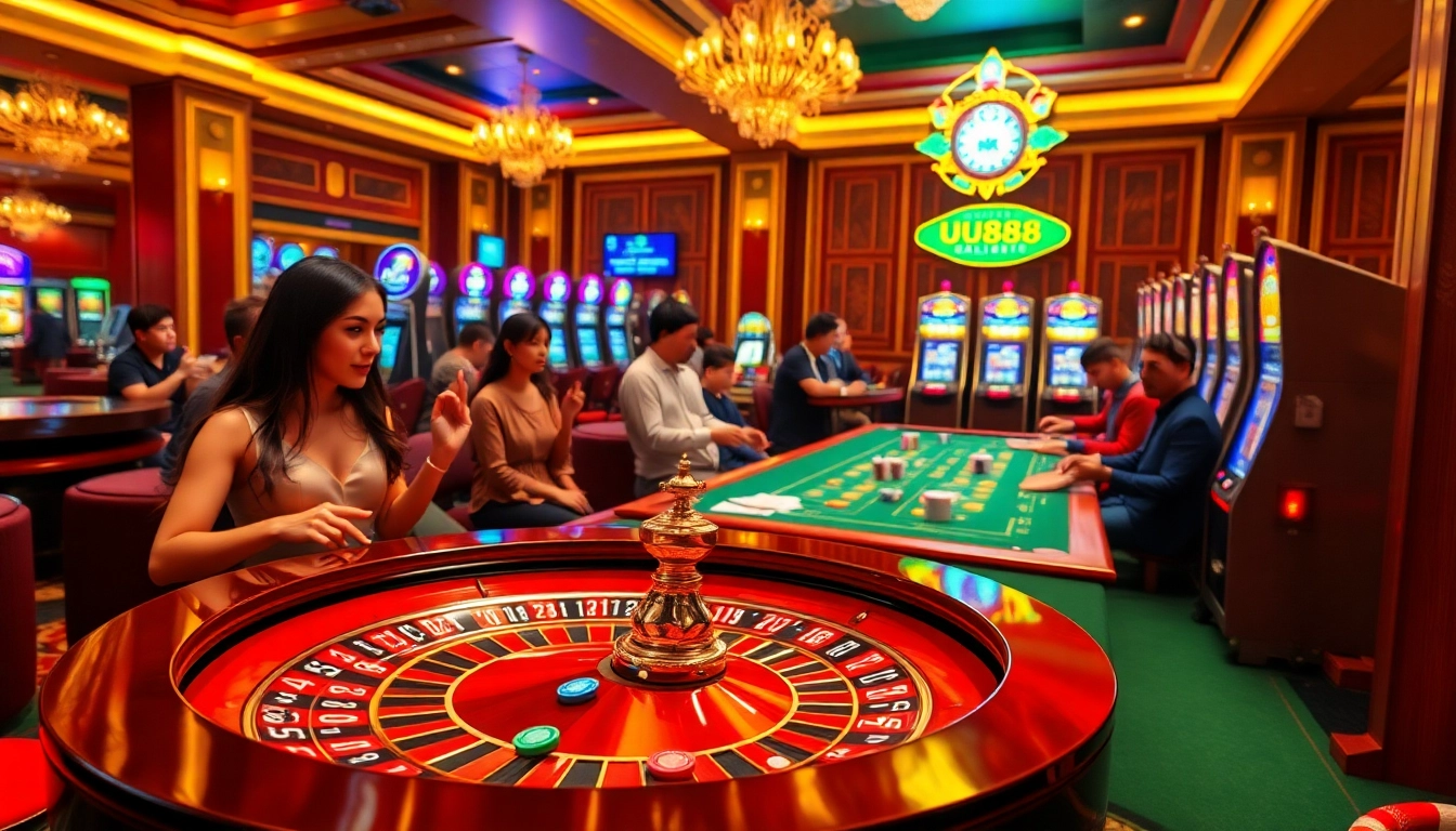 Players enjoy exciting games at UU88 casino, featuring vibrant slot machines and roulette.